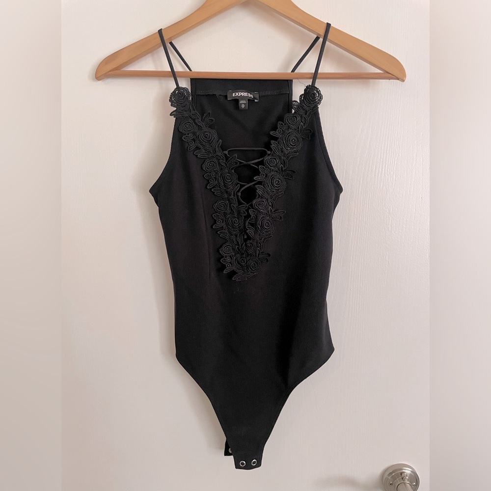 Express black appliqué floral bodysuit never worn